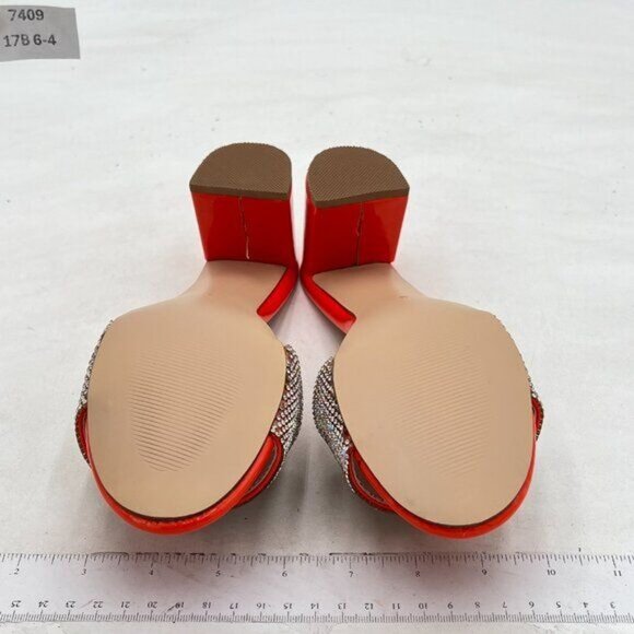 Orange Open Toe Rhinestones Slip On Slide Sandals Chunky Heel Backless Mule - Picture 6 of 8